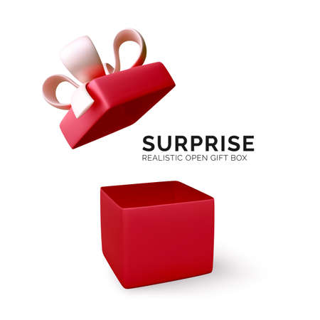 Gift box. Red realistic present or surprise box. 3D open red present box decoration design element. Holiday banner with open box. Vector illustrationのイラスト素材