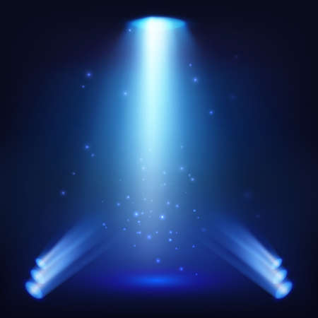 Shining spotlights with sparkles and blue empty scene. Elegant promotion design template. Studio or stage background. Vector illustrationのイラスト素材