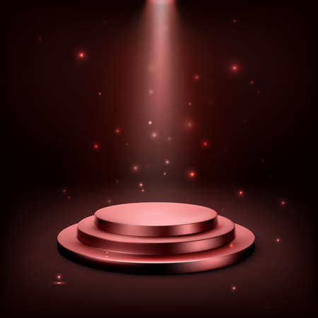 Red round podium illuminated with spotlight. Award ceremony concept. Realistic stage backdrop with bright sparkles. Vector illustrationのイラスト素材