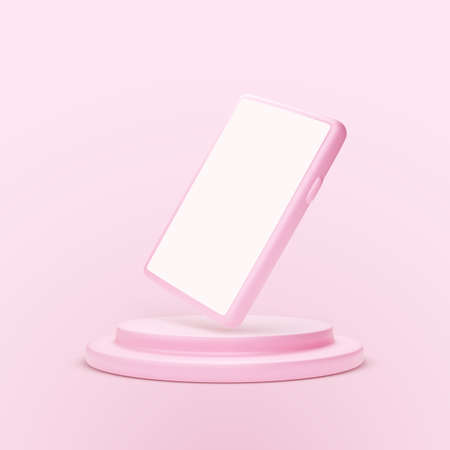 Pink smartphone on platform. 3d mobile phone template with empty screen. Pink studio background....