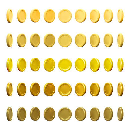 Set of 3d gold coin. Realistic gold coin on white background. Vector illustrationのイラスト素材