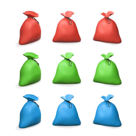 Realistic cartoon cloth bag or sack with straw tie and leather belt. Set of red green and blue color bags. Vector illustrationのイラスト素材