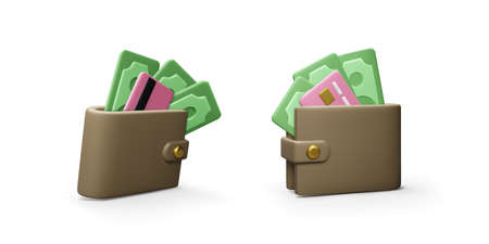 Wallet with paper currency and credit card in realistic cartoon style in different view. 3D purse with green dollars. Vector illustrationのイラスト素材