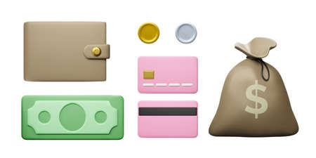 Set of currency elements in realistic cartoon style. Wallet paper dollar and gold silver coin credit card and money bag. Vector illustrationのイラスト素材