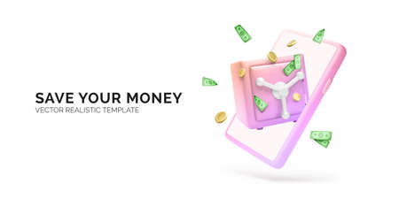 Realistic 3d mobile phone with safe on screen with open door and money bags inside. Safety and protection money concept. Vectorのイラスト素材