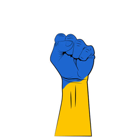 Fist in Ukrainian flag colors. No war banner or template. Stay strong and stop the war in Ukraine. Vector illustrationのイラスト素材