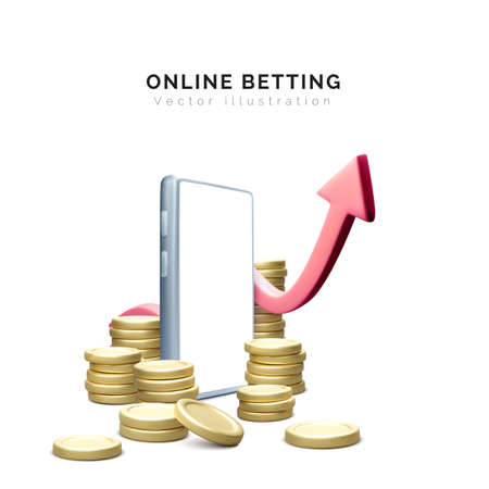 Manage money or online betting concept. 3D mobile phone or application with coin stack and arrow....