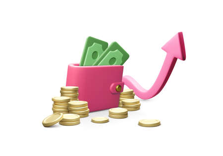 3D wallet with money and arrow up. Financial management and business success. Making money. Vector...