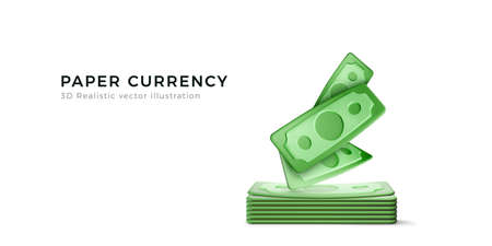 Green USA paper currency. 3d dollar isolated on white background. Realistic money business concept. Wealth and success symbol. Vector illustrationのイラスト素材