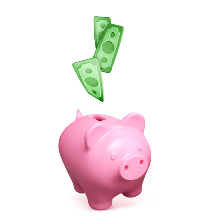 Pink piggy bank and falling green paper money. Finance business and investment isolated on white background. Keep money in safe place. Vector illustrationのイラスト素材