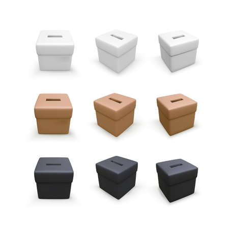 Set of donation box in different colors. 3D realistic charity box in cartoon style. Vector illustrationのイラスト素材