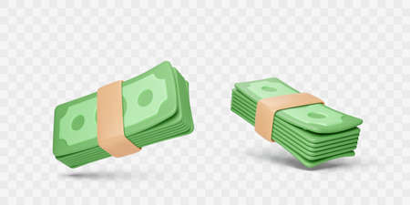 Bundle of dollar banknotes. Money stack in realistic cartoon style. Business and finance design element. Vector illustration isolated on transparent backgroundのイラスト素材
