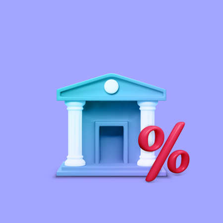 3D bank building in purple color and red percent symbol. Interest rate on bank deposit. Vector illustrationのイラスト素材