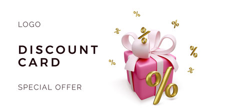 Discount card concept. 3D gift box with bow and gold percent signs falling around box. Big sale banner. Special offer advertising. Vector illustrationのイラスト素材