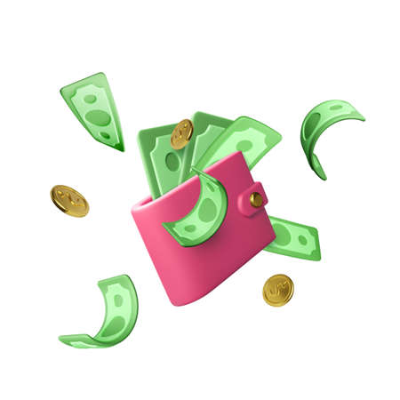 3D Wallet with green dollar bills and gold coins. Business and finance concept. Success investment or cashback service. Vector illustrationのイラスト素材