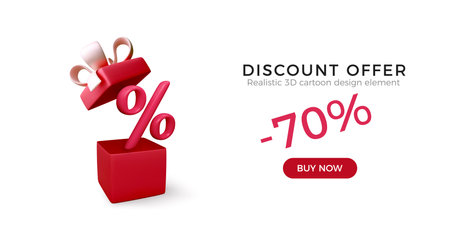 Realistic red open box with pink bow and percent symbol inside. Discount commercial offer. Big Sale holiday banner. Vector illustrationのイラスト素材