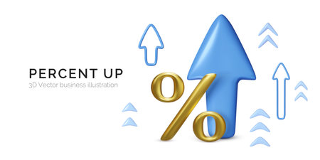 3D Render of Percent Symbol and Arrows Growth Up. Arrow and Interest Icon Banner. Vector illustration isolated on white backgroundのイラスト素材