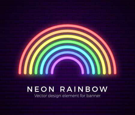 Neon glowing rainbow. Tolerance day banner on bricks wall. LGBT tolerance concept. Vector illustrationのイラスト素材
