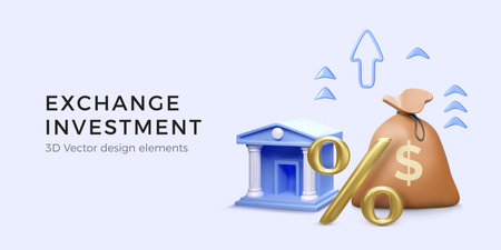 3D blue bank building with money bag and gold percent symbol arrows up. Success exchange investment. Bank deposit at a rise interest rate. Business banner. Vector illustrationのイラスト素材
