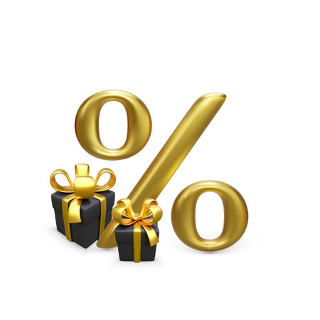 Golden Percent Symbol with black gift box with gold bow. Special offer or discount design element for banner and poster. Vector illustrationのイラスト素材