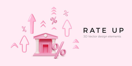 Pink bank with interest symbol and arrow up in 3d realistic style. Render business object for banner. Increase earning with success financial operations. Vector illustrationのイラスト素材