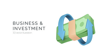 Arrow wrapped around stack of money in 3D realistic cartoon style. Banking transaction service concept. Business and investment. Vector illustrationのイラスト素材