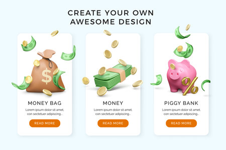 3D Money bag with falling gold coins and paper currency. Green wad of dollars and piggy bank with percent sign. Investment and business banner or template. Vector illustrationのイラスト素材