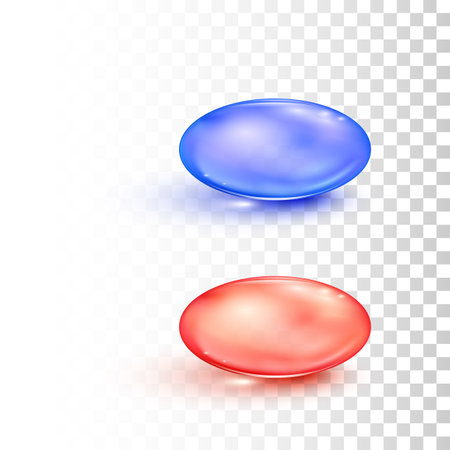 Red and blue round transparent pills in matrix style isolated on transparent background. Concept of choice. Medical drug capsules. Vector illustrationのイラスト素材