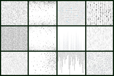 Matrix style background set in black and white colors. Digital data stream. Vector illustration