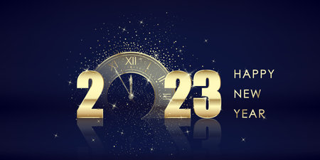 Gold 2023 numbers. Happy New Year Greeting Card. Golden clock with five minutes countdown to holiday midnight. Vector illustrationのイラスト素材