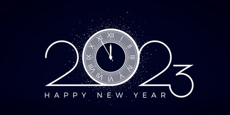 Happy 2023 New Year. Holiday celebration. White number 2023 with clock instead zero and snowflakes around it. Festive countdown. Vector illustrationのイラスト素材