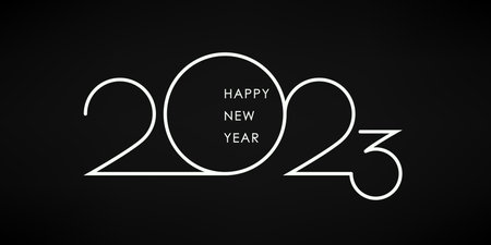 2023 and Happy New Year. White lettering on black background. Holiday postcard in minimalist style....
