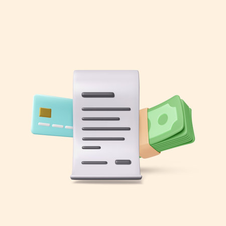 3D bill credit card and stack of paper green dollars. Render of realistic cartoon business icons. Vector illustrationのイラスト素材