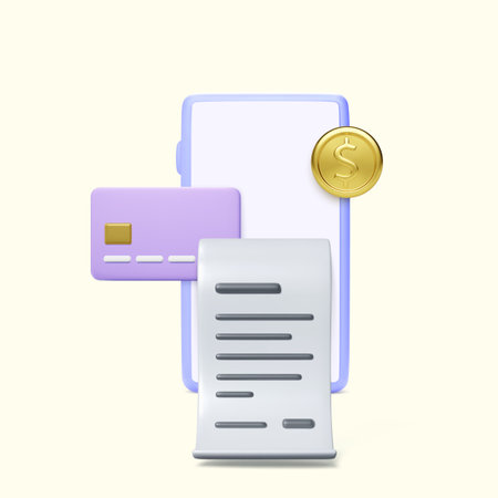 3D bill with smartphone credit card and gold coin. Internet banking or online payment service concept. Receipt icon for mobile app. Vector illustrationのイラスト素材