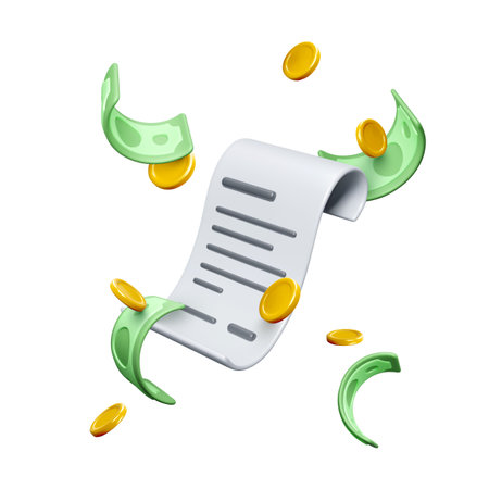 3D check with falling gold coins and green paper currency. Payment bill and realistic money in cartoon style. Business design element for banners. Vector illustrationのイラスト素材