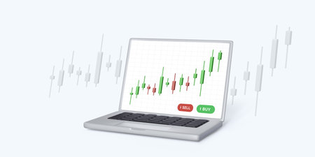 Laptop trading chart on screen in 3D cartoon realistic style. Candle stick diagram cryptocurrency market analysis. Financial management and investment concept. Vector illustrationのイラスト素材