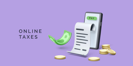 Smartphone with green dollar, coins and financial bill. Online taxes concept. Business banner for e-commerce service or app. Vector illustration in realistic 3D styleのイラスト素材