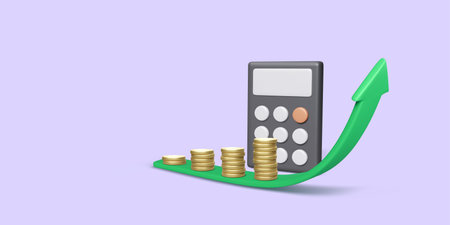 Gold coin stacks growth with green arrow and calculator 3D render. Investment and increase profit in business. Vector illustrationのイラスト素材