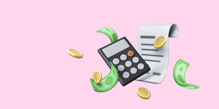 3D render receipt payment with calculator gold coins and green bill currency. Accounting or money investment concept. Financial management banner. Vector illustrationのイラスト素材