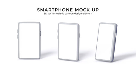 Smartphone mock up different view 3D render with white screen. Set of realistic mobile phones with empty display and shadow. Vector illustration isolated on whiteのイラスト素材