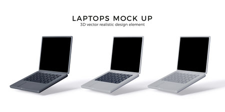 3D laptop mockup in black and silver colors. Realistic render portable computers with black empty screen. Vector illustration isolated on whiteのイラスト素材
