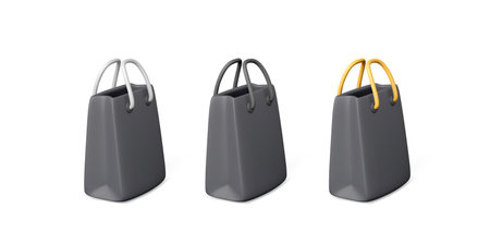 Set of black paper luxury gift package. 3D realistic cartoon mockup. Black shopping bag with white, black and yellow handle. Empty shopping bag for branding and advertising. Vector illustrationのイラスト素材