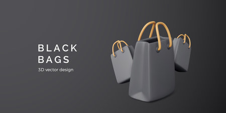 Black 3D shopping bags. Black friday banner. Paper gift bag. Market discount offer business template. Vector illustrationのイラスト素材
