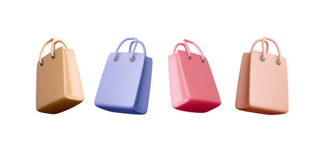 3D colorful shopping bags. Brown, blue, pink and red gift bag set. Vector illustration isolated on whiteのイラスト素材