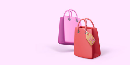 Holiday discount offer. Pink and red paper shopping bags with price tag in 3D realistic style. Special offer and retail coupon. Marketing promotion banner. Vector illustrationのイラスト素材