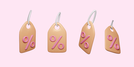 3D price tag set. Shopping and sale promotion. Discount label in realistic cartoon style. Discount badge with percentage icon. Vector illustrationのイラスト素材
