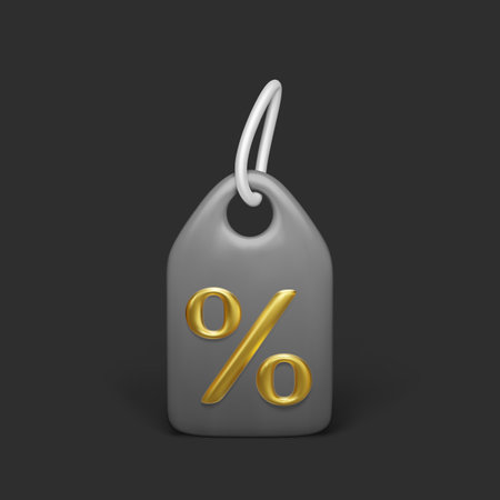 Black discount coupon with golden percent sign 3D icon. Online shopping black friday price tag. Vector illustration in realistic cartoon styleのイラスト素材