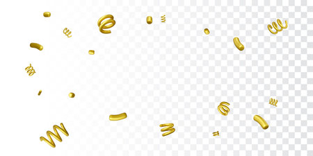Carnival and birthday party background. Serpentine and 3D spirals with flying colorful confetti. Festival falling golden confetti isolated on transparent background. Vector illustrationのイラスト素材