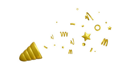 3d party popper explosion. Firecracker with flying golden confetti stars and spirals. Vector illustration isolated on white backgroundのイラスト素材