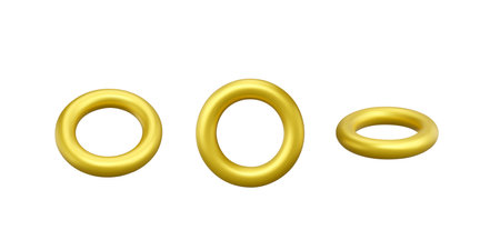 Golden metallic torus. Set of 3D torus objects. Donut realistic geometric shapes. Gold decoration design element. Vector illustration isolated on white backgroundのイラスト素材